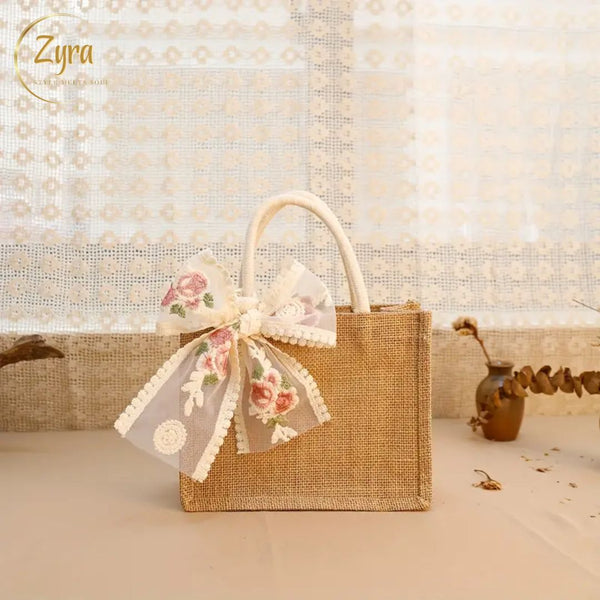 Elegant Linen Tote Bags with Lace Ribbon - Ideal for Wedding, Engagement, Anniversary & Bridesmaid Gifts - Light Brown