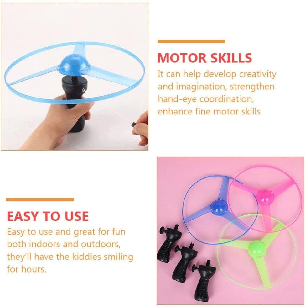 2 PCs UFO Spinning Flying Pull String Colourful Toy with Lights - Tootooie