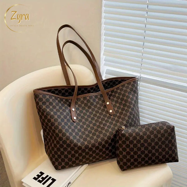 2pc Elegant Faux Leather Tote Bag for Women - Large Capacity Shoulder Handbag with All Over Print, Zipper Closure, No Edge Paint - Versatile for Shopping, Travel, and Commuting