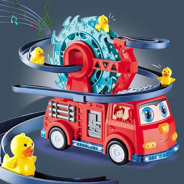 2-in-1-fire-truck-bump-and-go-automatic-slide-down-duck-toy-race-track-toy-w-rotating-ferris-wheel-with-universal-wheel-music-lights