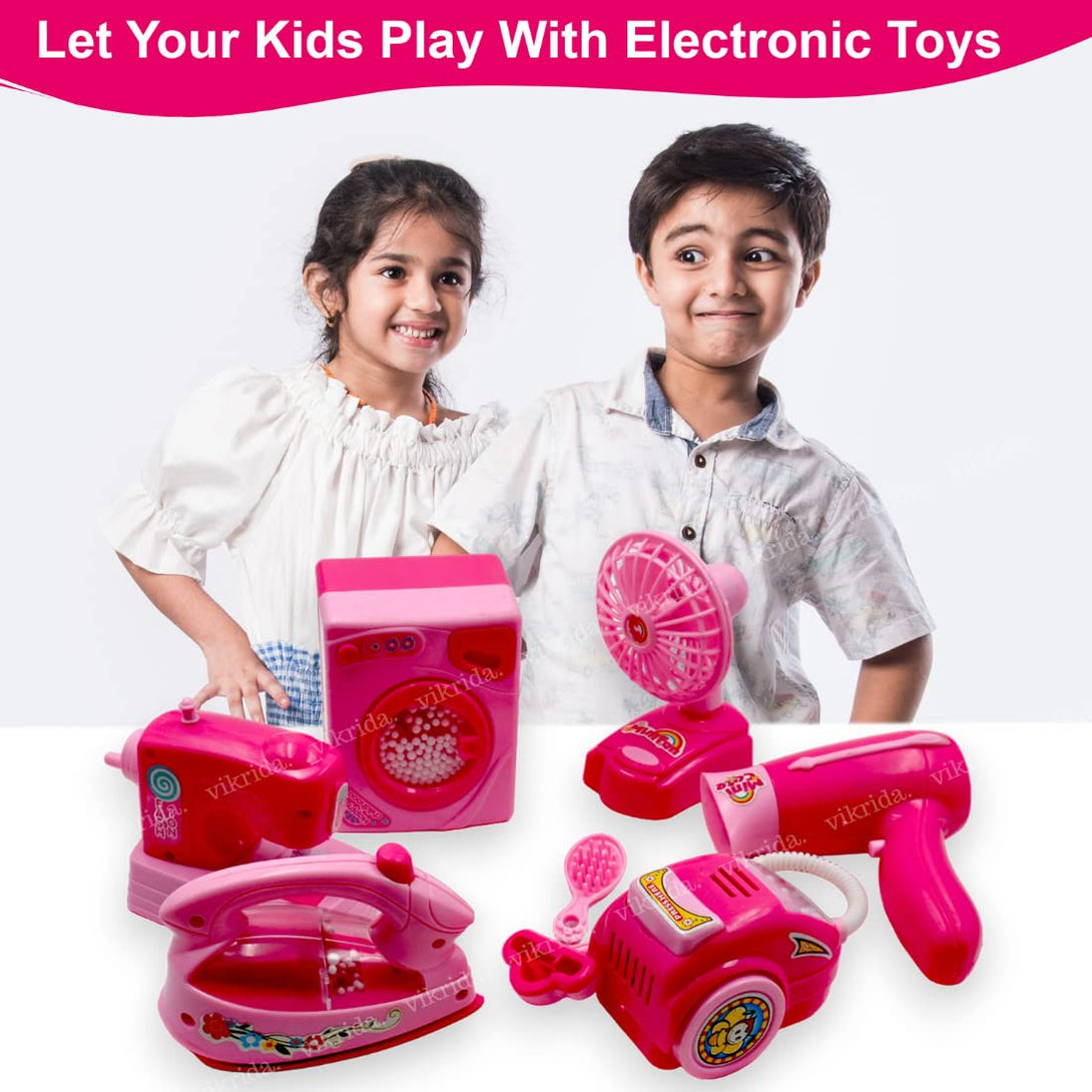 Household Home Appliances Play Set Electric Plastic Toys with Realistic Sound for Kids - Pink I - Tootooie