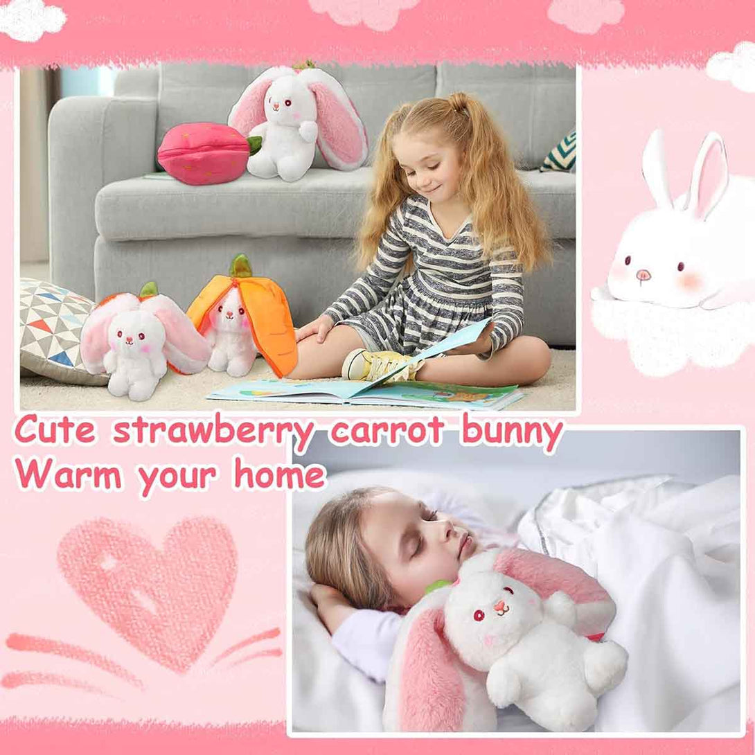 Strawberry Carrot Bunny Rabbit Plush Zipper Reversible Plush Stuffed Pillow Doll Toys for Kids - Tootooie